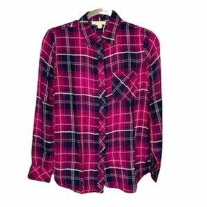 Beach Lunch‎ Lounge Pink Plaid Button Up Long Sleeve Blouse